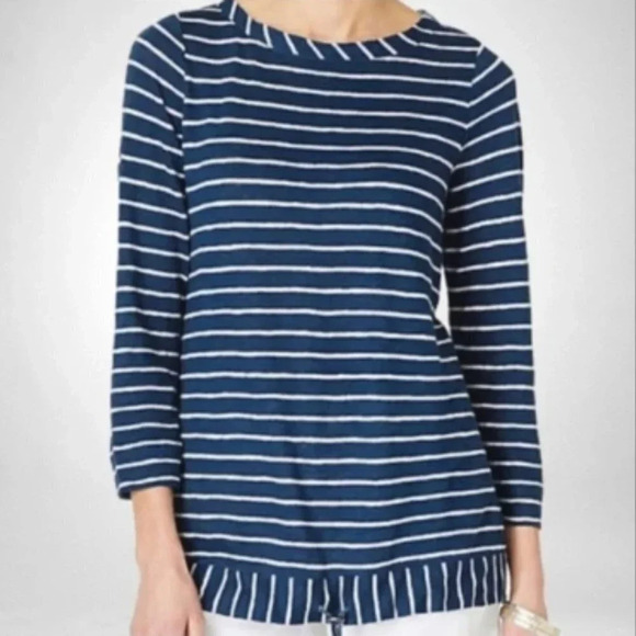 J Jill Linen Blend Blue White Striped 3/4 Sleeve Drawstring Hem Top Size Small - Picture 1 of 8